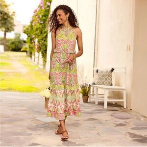 Sundance Ash & Eden Green and Pink Floral Halter Maxi Dress, NWT, XL